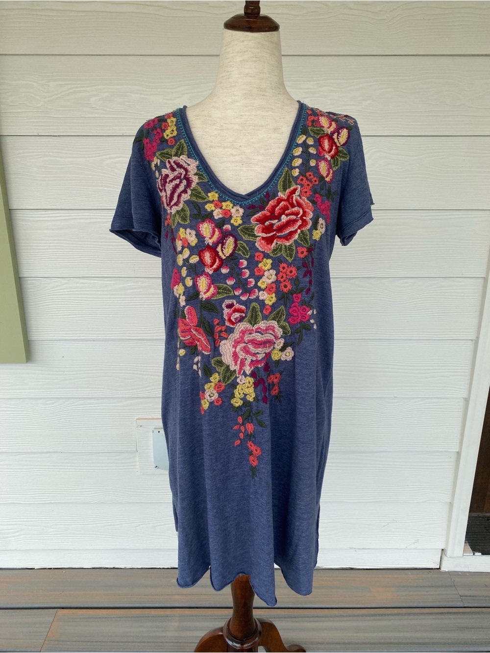 Johnny Was Navy TunicTop/ Mini Dress with Multicolor Floral Embroidery